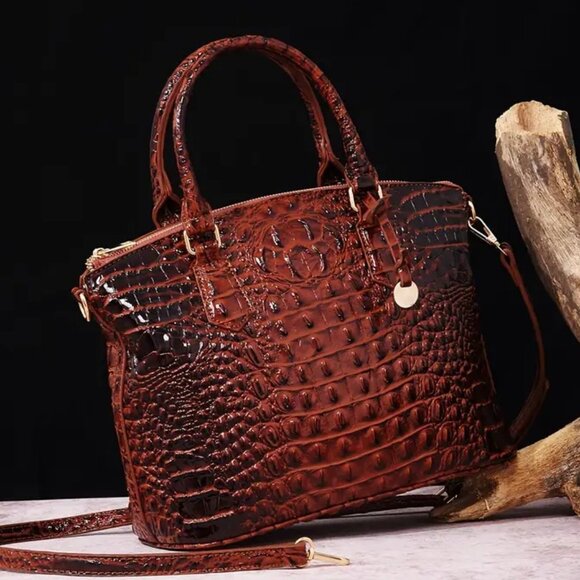 Elegant Brown Crocodile Embossed  Luxury Handbag Satchel Shoulder Bag - Picture 1 of 7